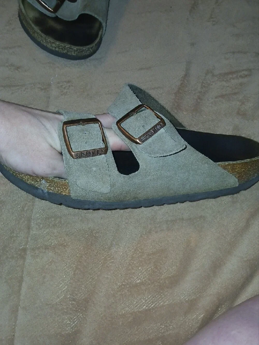 Birkenstock Olive Suede Double-Buckle Sandals with Bronze Buckles Sz: W 10 M 8
